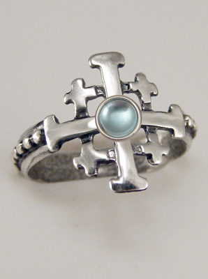 Sterling Silver Jerusalem Cross Ring With Blue Topaz Size 6